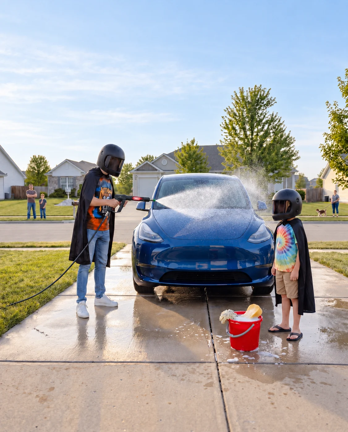 A caped father and son washing a blue Tesla in their driveway